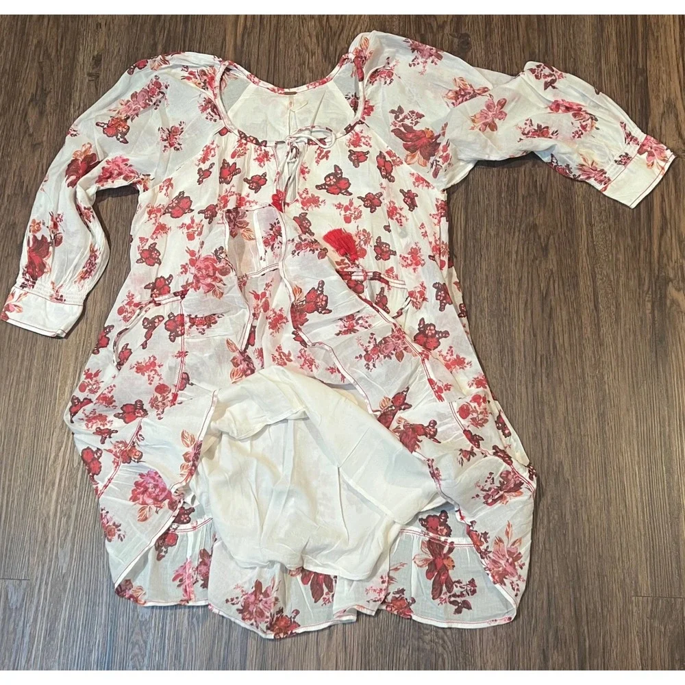 Free People Floral Tassel Mini Dress Pink Red Cotton Gauze XS